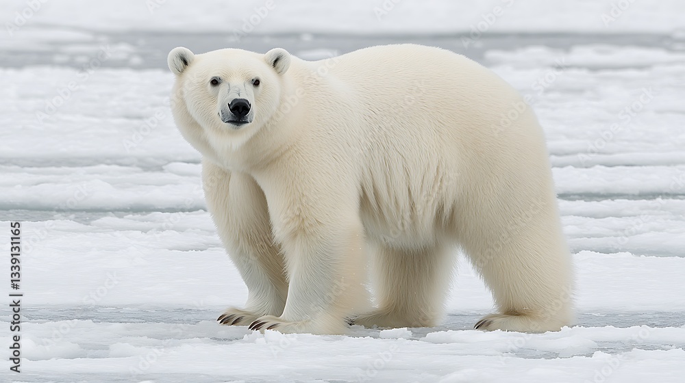 Polar bear standing on ice, gazing forward Polar bear standing on ice, gazing forward
