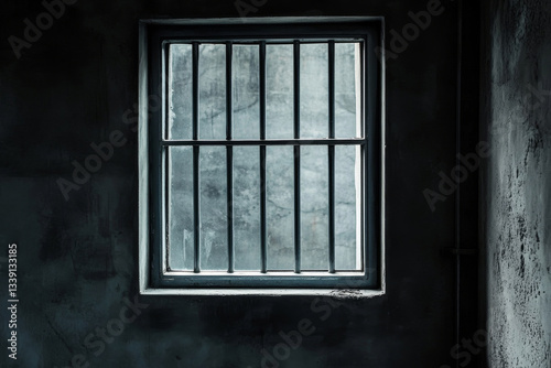 window with bars on concrete wall background  prison and justice concept