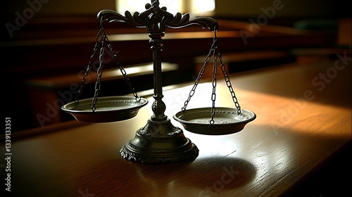 Scales of justice on a wooden table in a courtroom