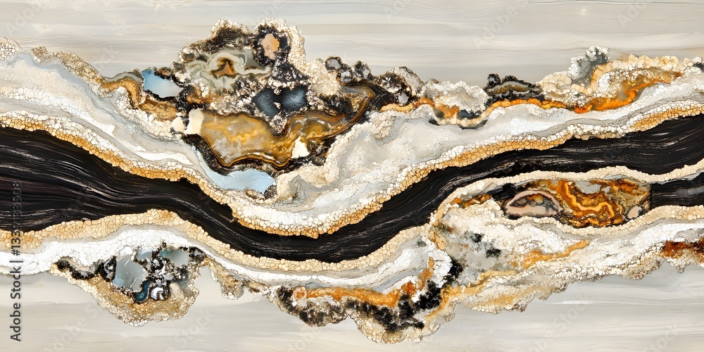 Fototapeta premium Abstract Agate Geode Art, Wavy Brown, Gold, and White Stone Texture