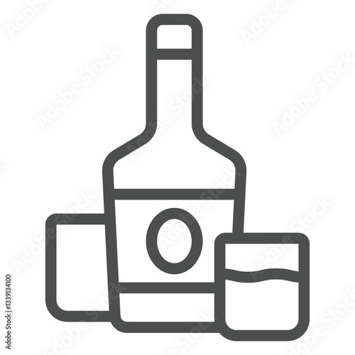 Whiskey bottle and two shot glasses line icon, west desert concept. Vector graphics. Alcohol drink sign on white background, outline style icon for mobile or web design.