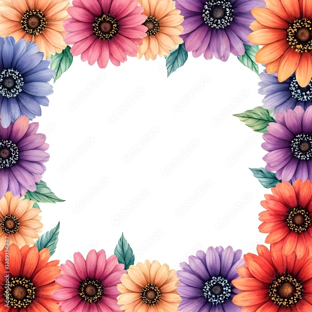 Obraz premium Vibrant watercolor flowers forming a delicate border around a blank center, AI Generated
