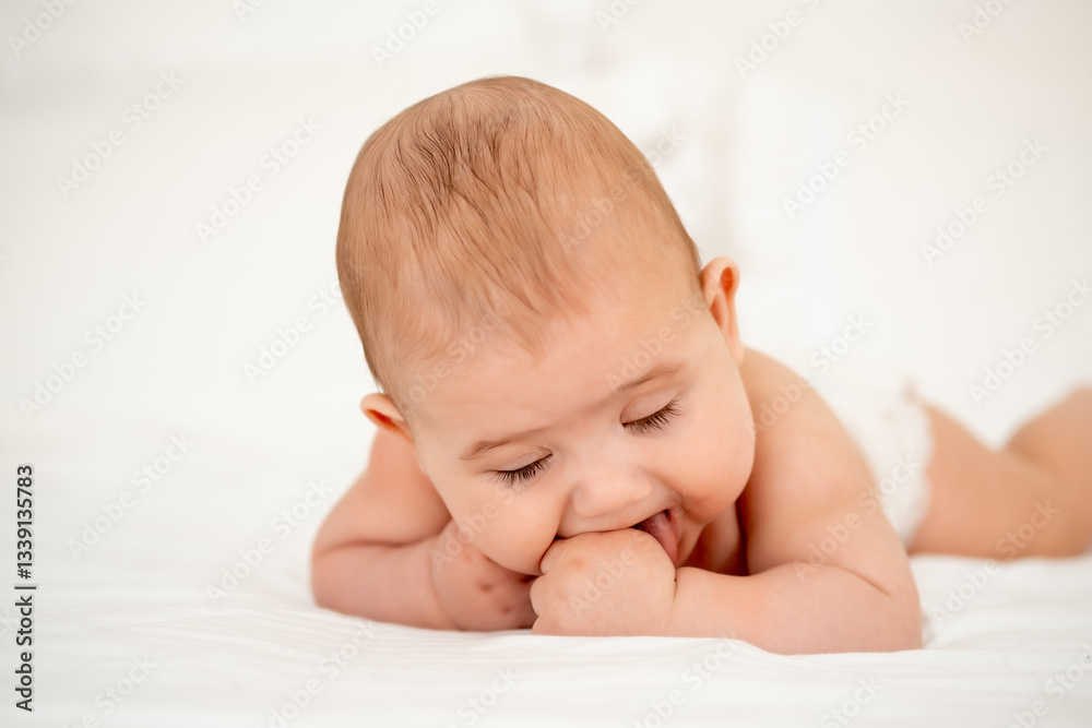 A baby boy in diapers on a white bed in a bedroom, a cute little baby of six months, a place for text A baby boy in diapers on a white bed in a bedroom, a cute little baby of six months, a place for text
