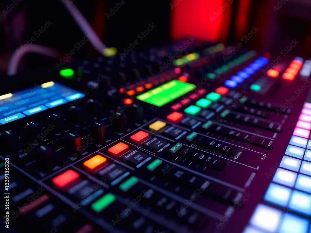 Part sound board DJ mixer closeup with buttons and controls Part sound board DJ mixer closeup with buttons and controls