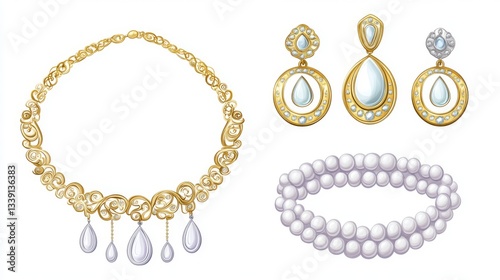 Elegant gold necklace and earrings with pearls for luxury fashion design