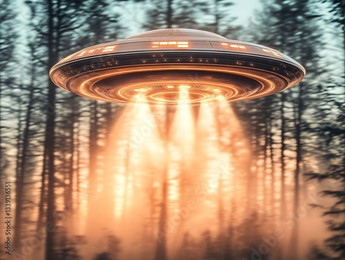 UFO hovering over misty forest.