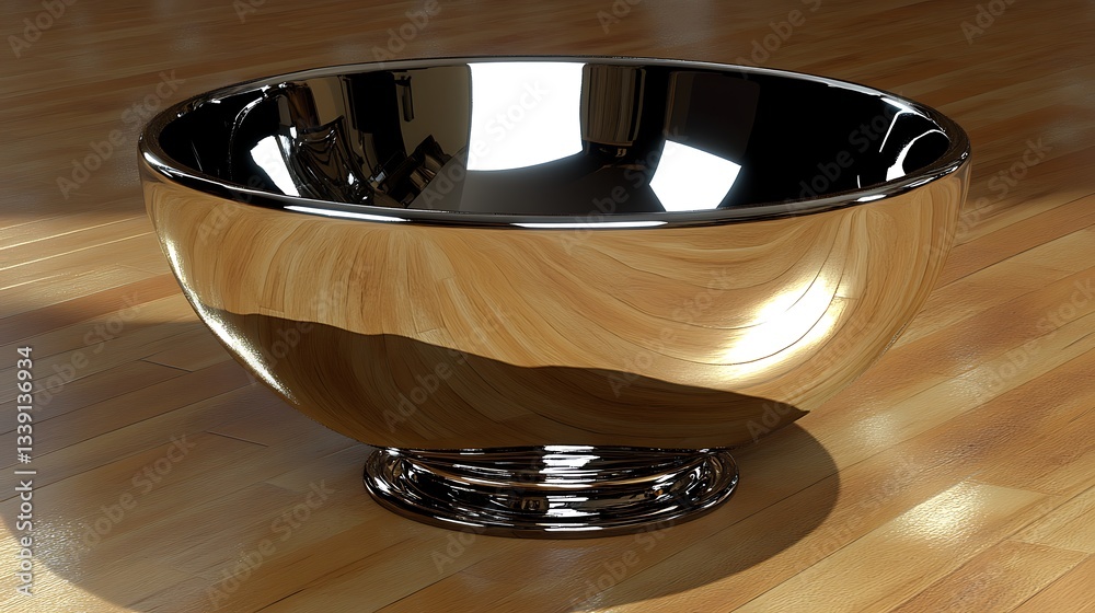 Polished bowl on wooden floor, reflective surface Polished bowl on wooden floor, reflective surface