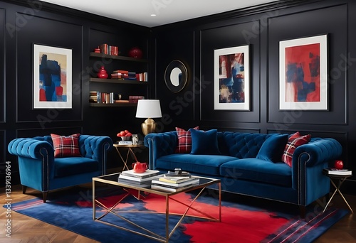 A chic contemporary living space featuring a bold contrast of colors and textures. The focal point is a plush, royal blue velvet couch with deep creases, exuding luxury and comfort.  photo
