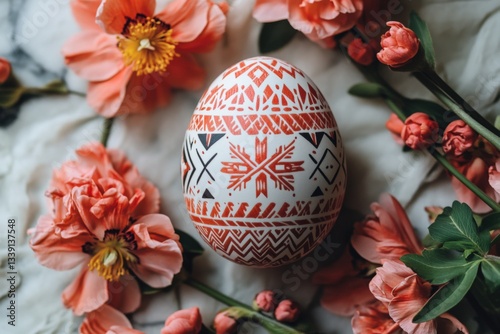 Intricately painted floral egg on stand with natural light