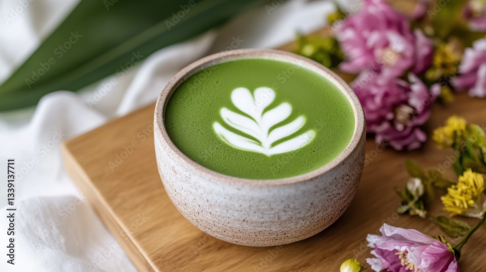Invigorating Green Tea in a Cup with Fresh Leaf for Natural Wellness Invigorating Green Tea in a Cup with Fresh Leaf for Natural Wellness
