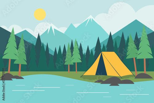 Camping tent near water in forest against beautiful mountains background. Yellow tent outdoors in mountainous area. Hiking tent. Hiking and travel concept. Vector illustration.