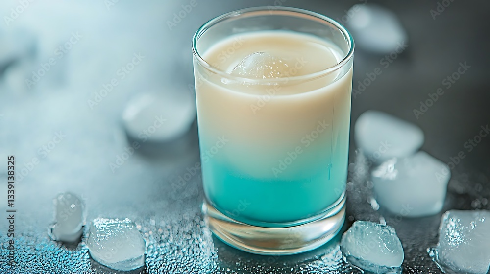 Refreshing Layered Cocktail with Ice Garnish in a Clear Glass on a Trendy Surface Refreshing Layered Cocktail with Ice Garnish in a Clear Glass on a Trendy Surface