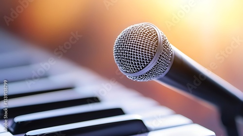 Mic near piano keys with sunlight background