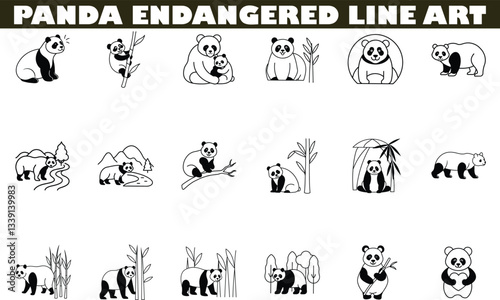 Endangered Pandas Line Art Illustrations of Giant Pandas and Cubs