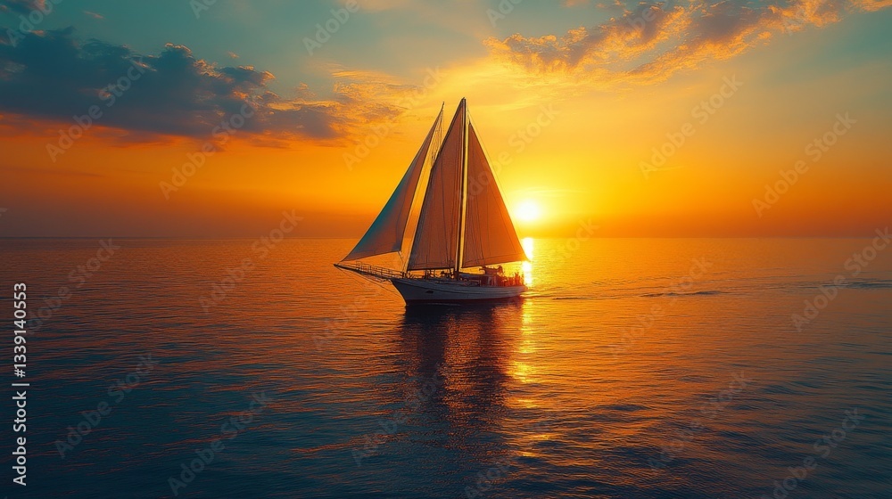 Fototapeta premium Sailboat sailing at sunset on the ocean.