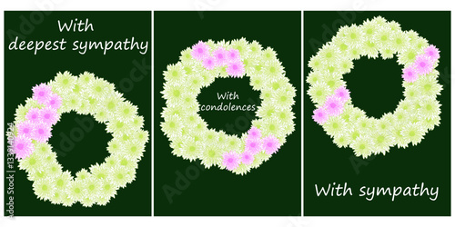 Set of sympathy cards with thematic phrases and wreaths of chrysanthemums, Condolence vertical design