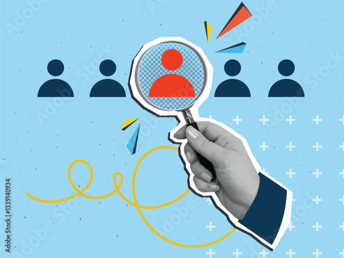A person looks through a magnifying glass at one icon of a person from a row. Personnel search concept. Modern collage style. Vector illustration