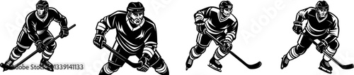 A Set of Hockey player silhouette vector illustration