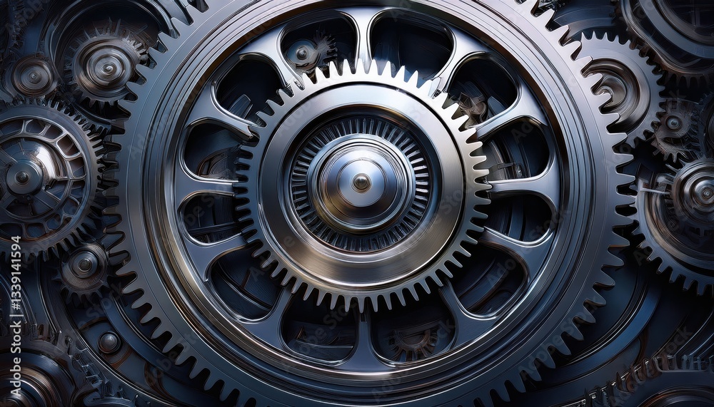 Close up of complex gears in a modern industrial setting with metallic textures. Close up of complex gears in a modern industrial setting with metallic textures.