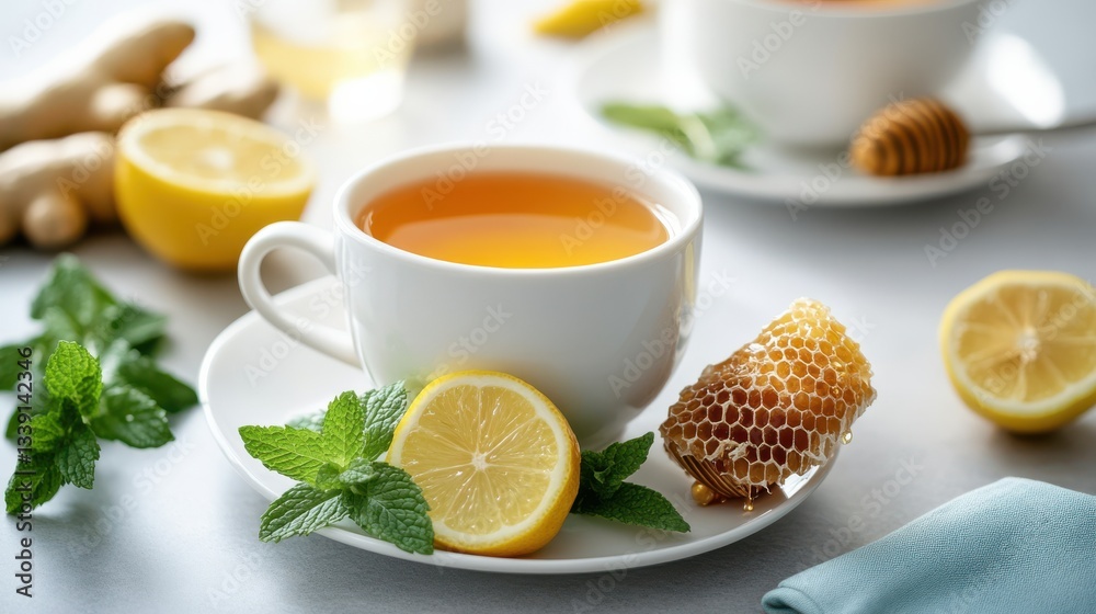 Warm Inviting Cup of Tea with Fresh Lemon and Sweet Honey on Table Warm Inviting Cup of Tea with Fresh Lemon and Sweet Honey on Table