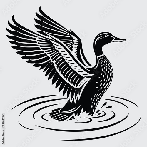 A duck splashing in the water image silhouette design vector art and illustration