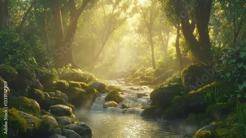 Lush green forest with sparkling waterfall illuminated by golden sunlight, seamless looping 4k time-lapse video animation background 
