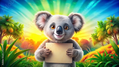 Adorable Animated Koala Holding Blank Sign - Cute Panoramic Stock Photo photo