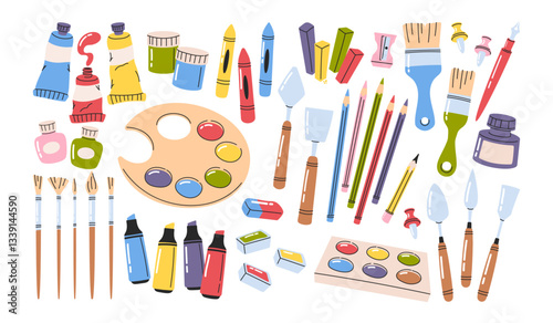 Set of painting tools elements, art supplies collection for creative and talent demonstration