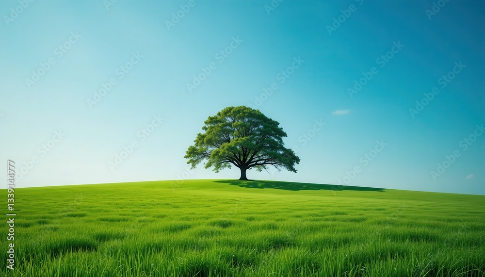 Solitary tree on green hill nature scene tranquil landscape daylight aerial view Solitary tree on green hill nature scene tranquil landscape daylight aerial view