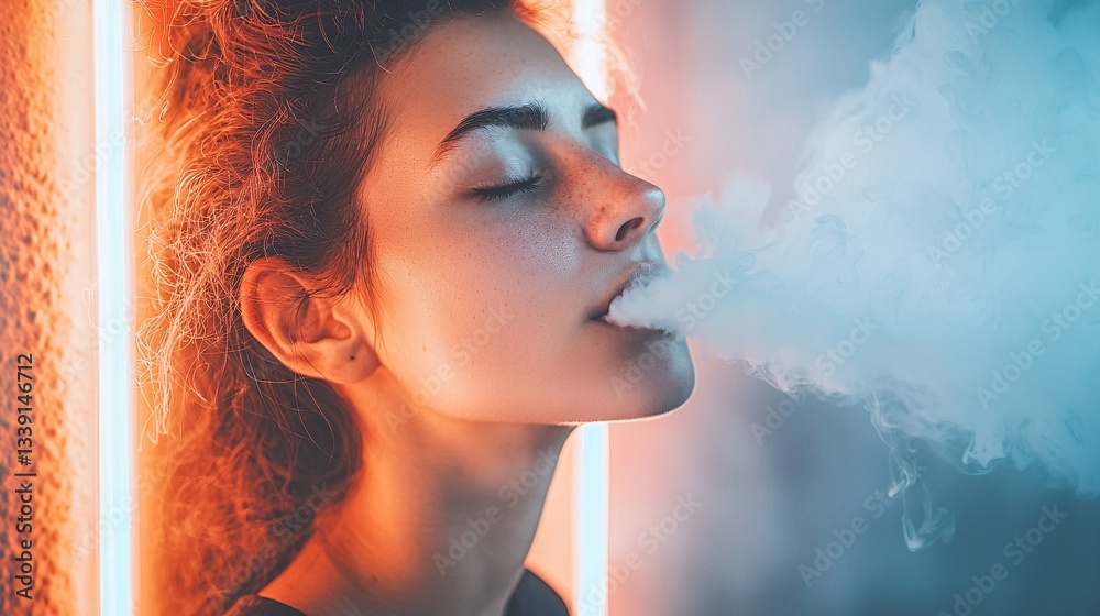 close-up of a young woman exhaling smoke with her eyes closed, standing in a dimly lit room with neon lights reflecting off the walls. woman, exhaling smoke, eyes closed, dim lighting, neon close-up of a young woman exhaling smoke with her eyes closed, standing in a dimly lit room with neon lights reflecting off the walls. woman, exhaling smoke, eyes closed, dim lighting, neon