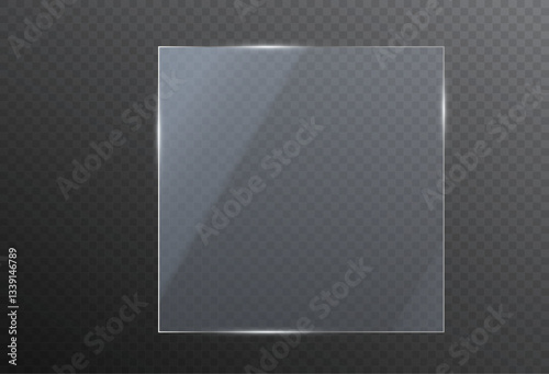 Glass plate on transparent background. Realistic screen glass, window mockup, clear glass showcase, glossy plastic glare frame, acrylic with glares and light, clear rectangular plate, plexiglas, 3d.