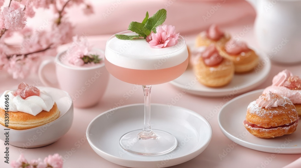 Delightful Table Setting Featuring Pink and White Dessert Cup on Wood Delightful Table Setting Featuring Pink and White Dessert Cup on Wood