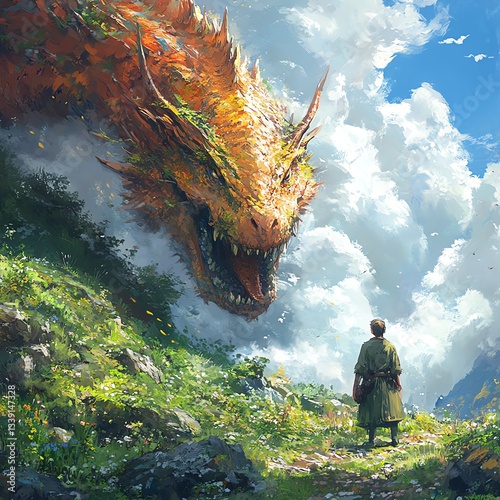 A fantasy scene featuring a majestic dragon looming over a small figure in a lush landscape, surrounded by vibrant colors and a dramatic sky.