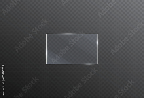 Glass plate on transparent background. Realistic screen glass, window mockup, clear glass showcase, glossy plastic glare frame, acrylic with glares and light, clear rectangular plate, plexiglas, 3d.