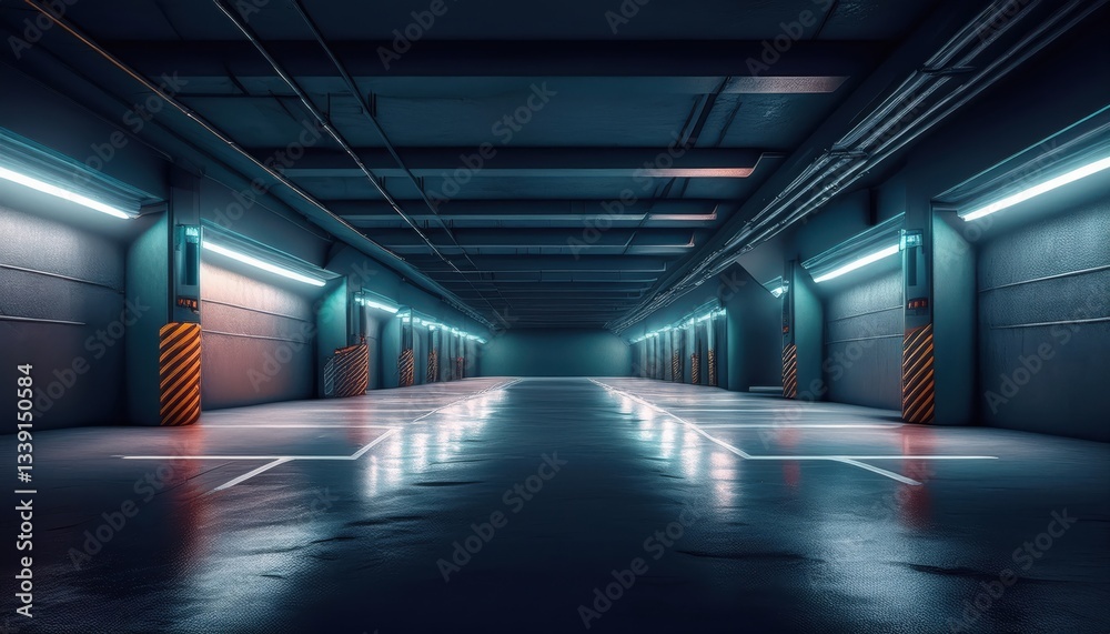 Fototapeta premium A spacious industrial garage boasts sleek lines, modern lighting, and a dramatic atmosphere.