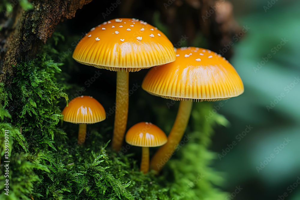 Obraz premium Cluster Of Orange Mushrooms On Mossy Log