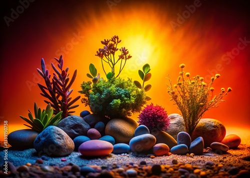 Abstract Silhouette: Colorful Rocks & Plants, Earthy Tones Minimalist Background