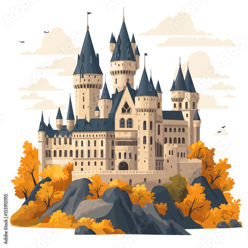 A grand, fantasy-style castle with tall spires and towers, nestled among rocky terrain with autumn-colored trees surrounding it. The design is highly detailed, evoking a whimsical, magical atmosphere