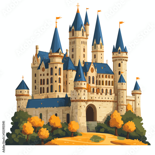 A grand, fairy-tale castle with tall blue towers and golden flags, set on a landscape with autumn trees. Its medieval stone structure and majestic gates create an atmosphere of royalty and fantasy