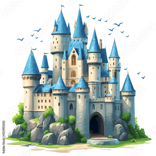 A whimsical, fantasy-style castle with pointed blue towers, situated on a rocky hill. The castle has intricate details and is surrounded by lush greenery, with birds flying in the sky