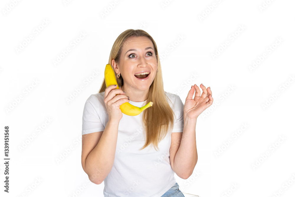 Young blonde beautiful woman holding banana. Blond woman in white t-shirt hold bananas on white background Young blonde beautiful woman holding banana. Blond woman in white t-shirt hold bananas on white background