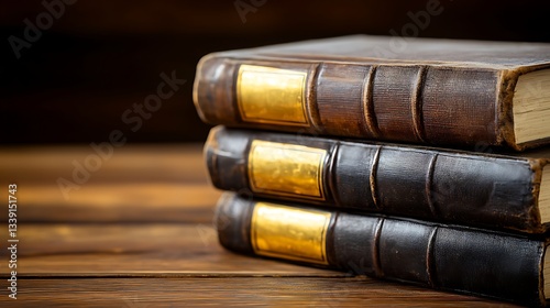 Wallpaper Mural Elegant Stack of Vintage Leather-Bound Books on a Rustic Wooden Surface Torontodigital.ca
