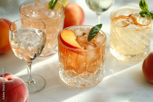 Elegant peach cocktails with ice, fresh basil, and citrus slices in crystal glasses on a marble surface. Warm golden sunlight highlights the luxurious drink arrangement.