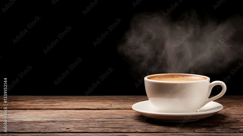Steaming Coffee in a White Cup on Rustic Wooden Table Against Black Background
