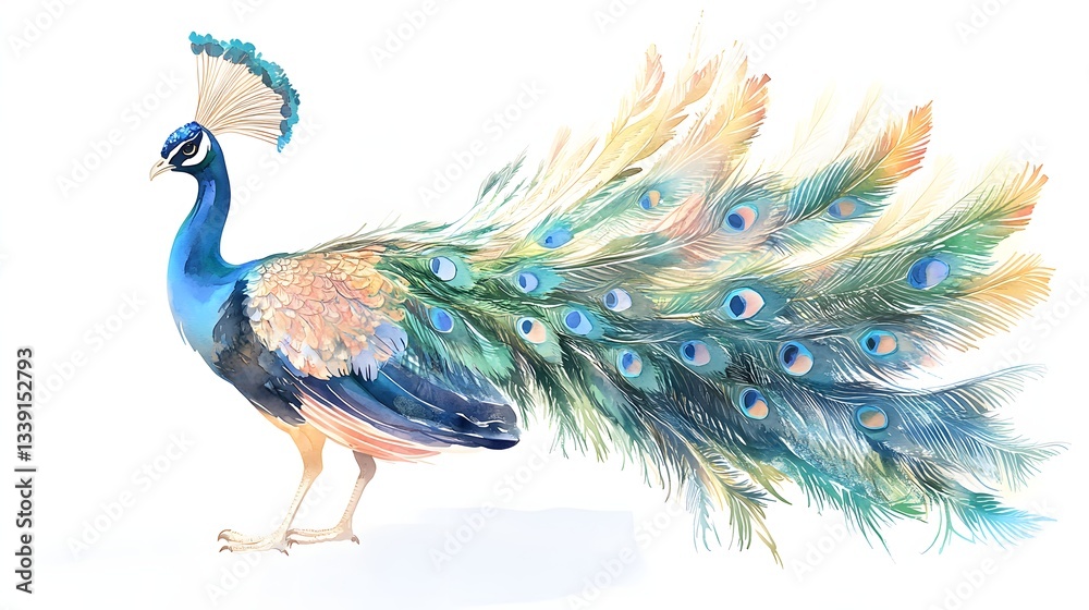 Fototapeta premium A Vibrant Watercolor Painting Of A Majestic Peacock