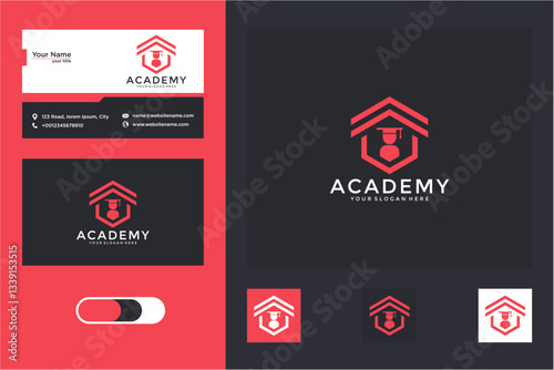 Red and Black Pixel Art Academy Logo Design with Business Cards