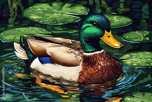 A vibrant mallard duck swims peacefully amidst lily pads on a pond reflecting light on the rippling water.