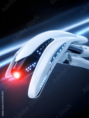 Sleek white futuristic device with glowing blue and red lights against a blurred background.