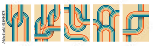 Retro background. 70s line vintage pattern. Abstract graphic curve path with geometric 60s design. Minimalist art print. Striped ribbons. 1970s or 80s rainbow elements. Vector posters set