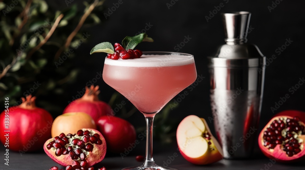 Elegant Glass of Pomegranate Juice Garnished with Fresh Fruit and Wine Elegant Glass of Pomegranate Juice Garnished with Fresh Fruit and Wine